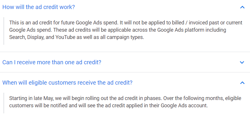 Google Ads Small-Med Biz COVID-19 Ad Credit Info