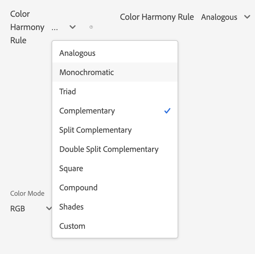 Options of color combinations in adobe color