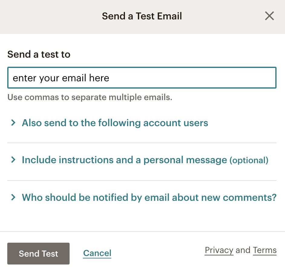 Mailchimp send test email screen