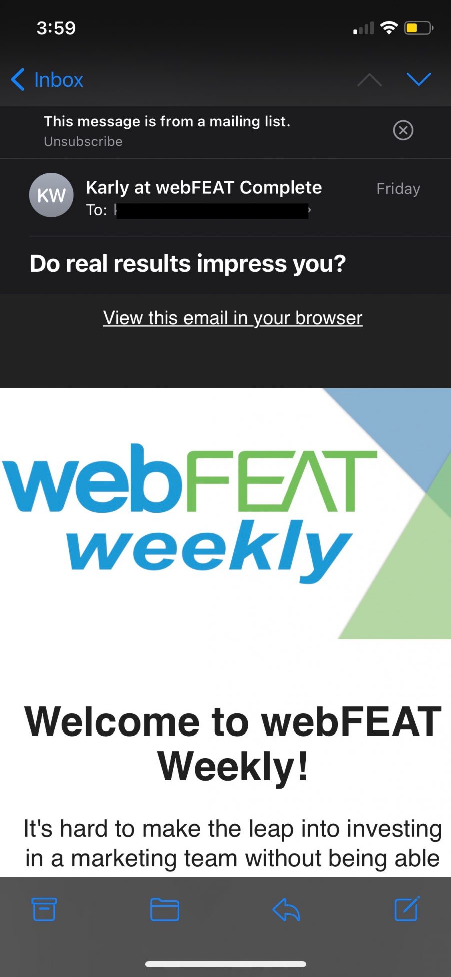 webFEAT Weekly example on mobile screen