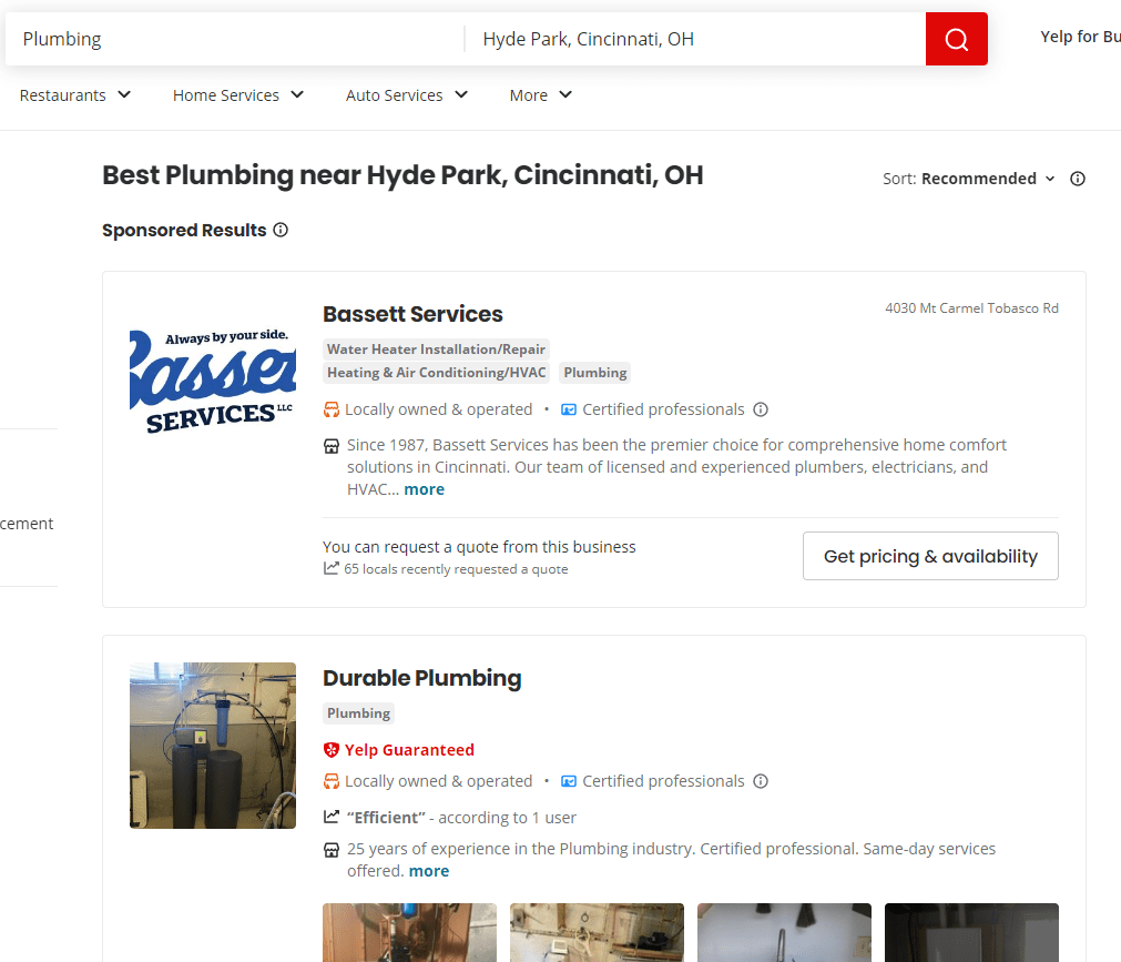 Yelp Hyper Local Service SERP with Sponsored Listing